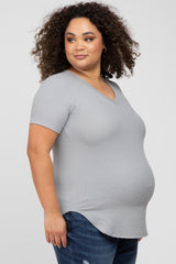 Grey Ribbed V-Neck Short Sleeve Plus Maternity Top