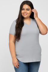 Grey Ribbed V-Neck Short Sleeve Plus Maternity Top