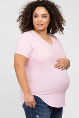 Pink Ribbed V-Neck Short Sleeve Plus Maternity Top