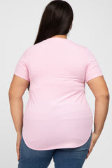 Pink Ribbed V-Neck Short Sleeve Plus Top