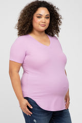 Lavender Ribbed V-Neck Short Sleeve Plus Maternity Top