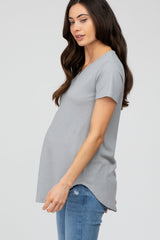 Grey Ribbed V-Neck Short Sleeve Maternity Top