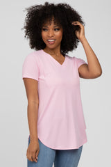 Pink Ribbed V-Neck Short Sleeve Top