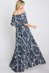 Navy Blue Palm Print Off Shoulder Pleated Maxi Dress