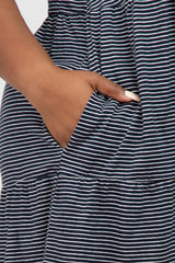 Navy Blue Striped Sleeveless Tiered Plus Dress