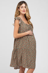 Olive Ditsy Floral Flutter Sleeve Maternity Dress