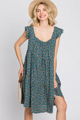 Blue Floral Smocked Square Neck Ruffle Sleeve Dress