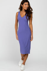 Purple Sleeveless Ribbed Knit Fitted Maternity Dress