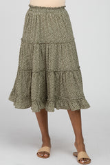 Olive Floral Tiered Midi Skirt