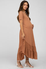 Camel Ruffle Accent Maternity Midi Dress