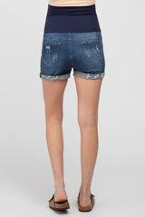 Navy Blue Distressed Cuff Maternity Jean Shorts