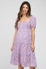 Lavender Smocked Button Accent Maternity Dress