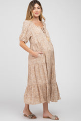 Taupe Floral Square Neck Front Tie Tiered Maternity Mid Dress