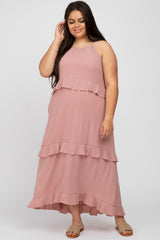 Pink Halter Neck Ruffle Accent Maternity Plus Maxi Dress