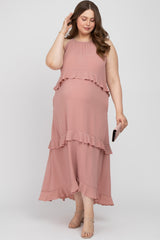Pink Halter Neck Ruffle Accent Maternity Plus Maxi Dress