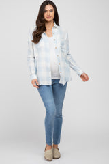 Light Blue Plaid Button Front Long Sleeve Maternity Top