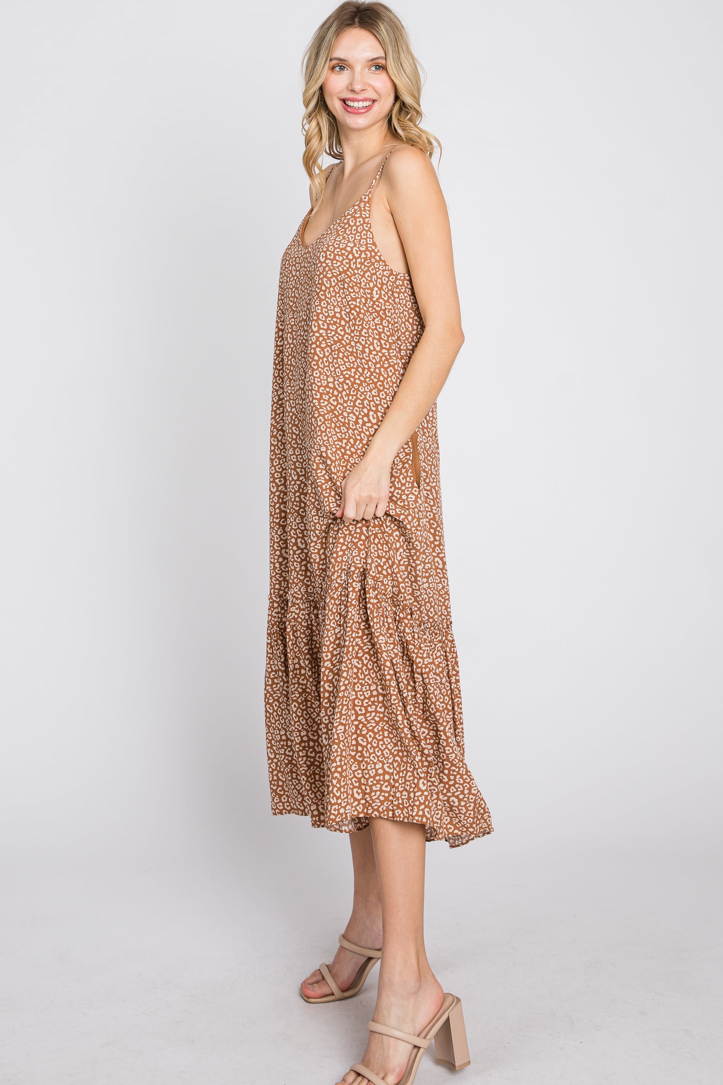 Camel Animal Print Ruffle Hem Midi Dress