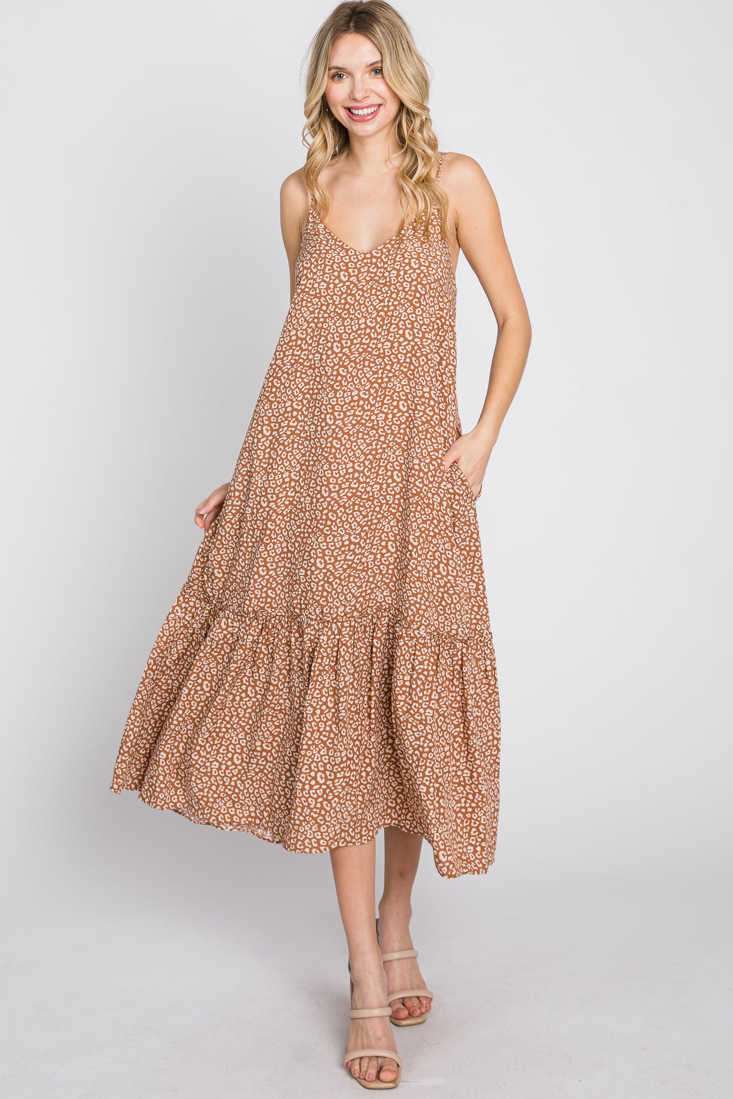 Camel Animal Print Ruffle Hem Midi Dress