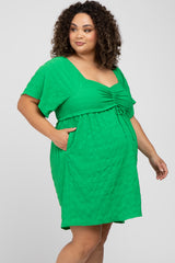 Green Smocked Ruched Tie Front Maternity Plus Dress