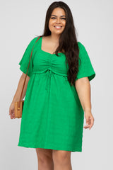 Green Smocked Ruched Tie Front Maternity Plus Dress