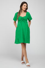 Green Smocked Ruched Tie Front Maternity Dress