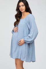 Light Blue Textured Dot Square Neck Maternity Dress