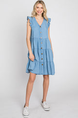 Light Blue Chambray Tiered Button Accent Dress