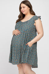 Teal Ditsy Floral Flutter Sleeve Maternity Plus Dress