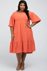 Coral Puff Sleeve Tiered Plus Dress