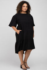 Black Puff Sleeve Tiered Maternity Plus Dress