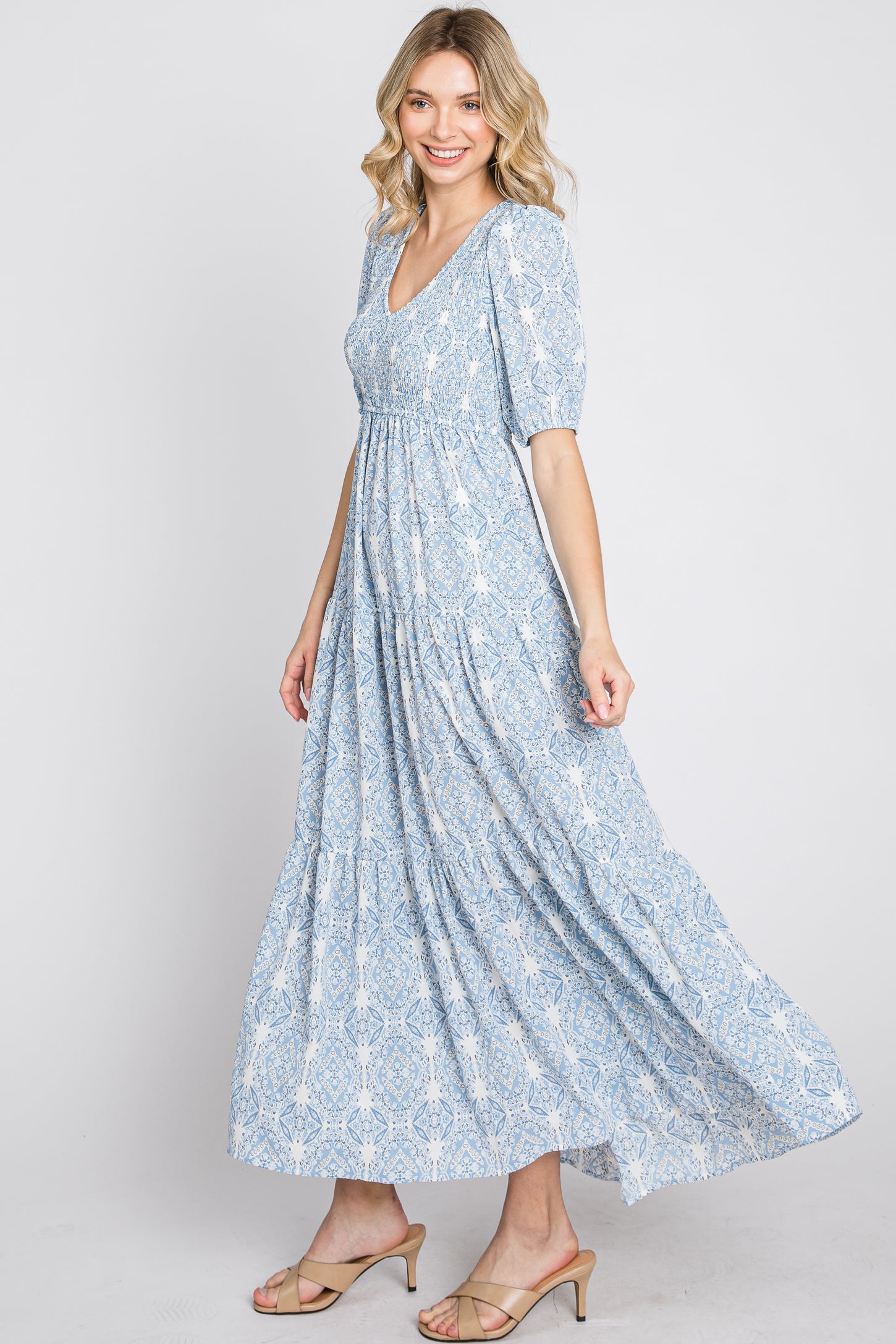Blue Paisley Print Smocked Tiered Maxi Dress