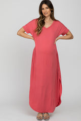 Coral Side Slit Maternity Maxi Dress