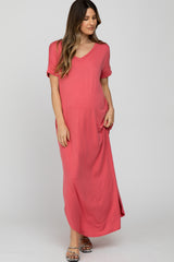 Coral Side Slit Maternity Maxi Dress