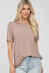 Taupe Crew Neck Front Pocket Short Sleeve Top