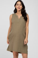 Olive Split V-Neck Fringe Hem Maternity Dress