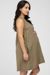 Olive Split V-Neck Fringe Hem Maternity Dress