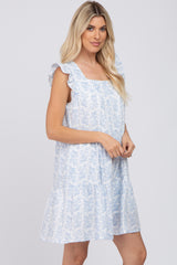 Blue Floral Square Neck Ruffle Sleeve Tiered Dress