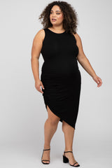 Black Side Ruched Asymmetric Maternity Plus Dress