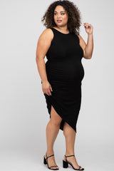Black Side Ruched Asymmetric Maternity Plus Dress