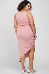 Pink Side Ruched Asymmetric Maternity Plus Dress