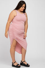 Pink Side Ruched Asymmetric Plus Dress