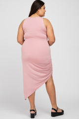 Pink Side Ruched Asymmetric Plus Dress