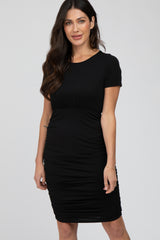 Black Short Sleeve Ruched Maternity Dress