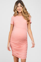 Coral Short Sleeve Ruched Maternity Dress