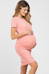 Coral Short Sleeve Ruched Maternity Dress