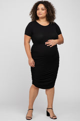 Black Short Sleeve Ruched Plus Maternity Dress