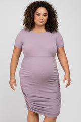 Lavender Short Sleeve Ruched Plus Maternity Dress