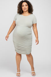 Light Olive Short Sleeve Ruched Plus Maternity Dress