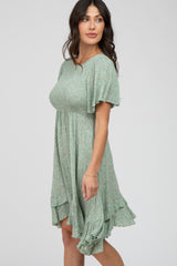 Light Olive Floral Smocked Ruffle Dress