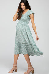 Mint Floral Smocked Ruffle Maternity Midi Dress